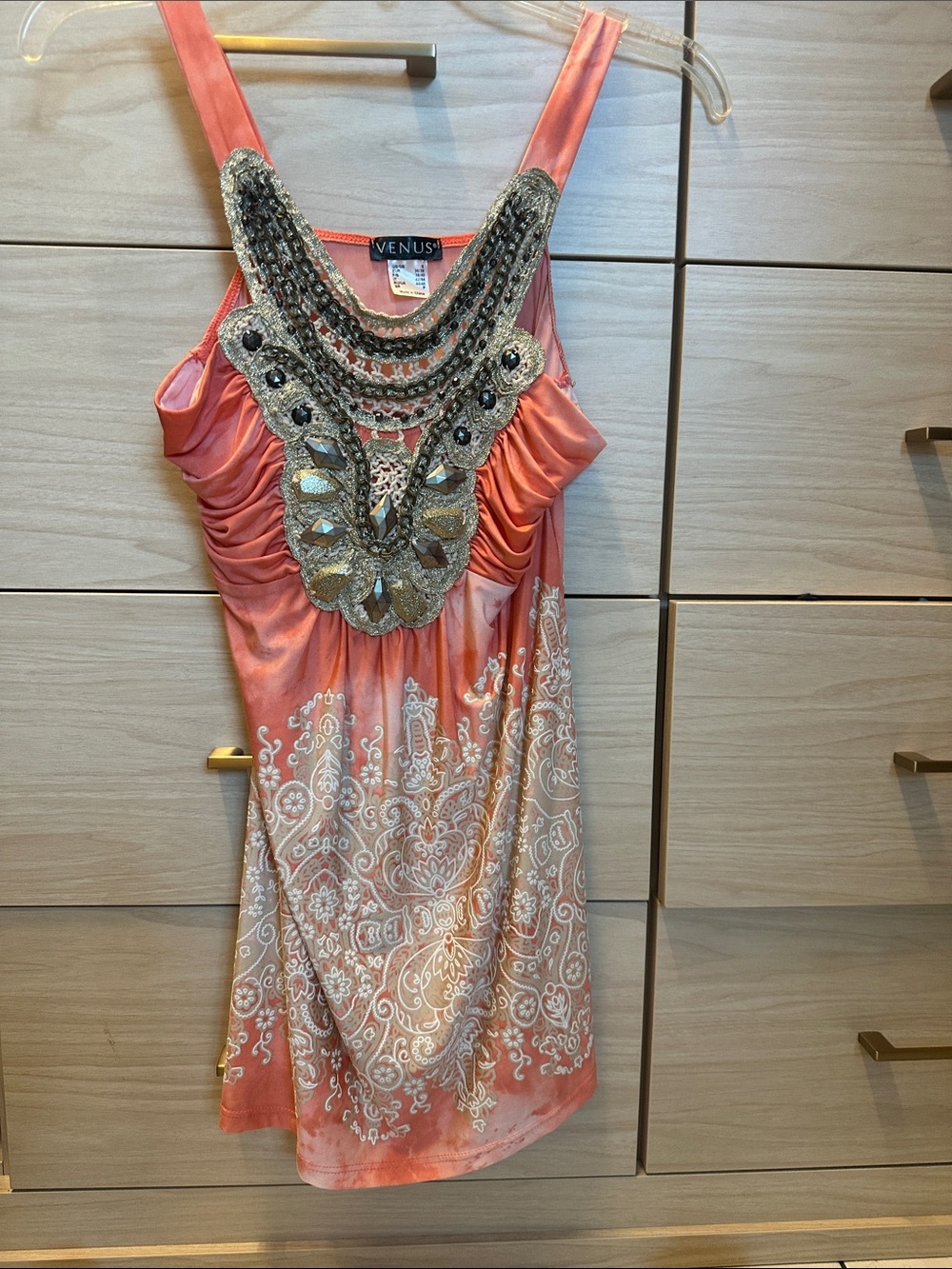 VENUS Coral-Pink Beaded Embellished Greek looking tank top